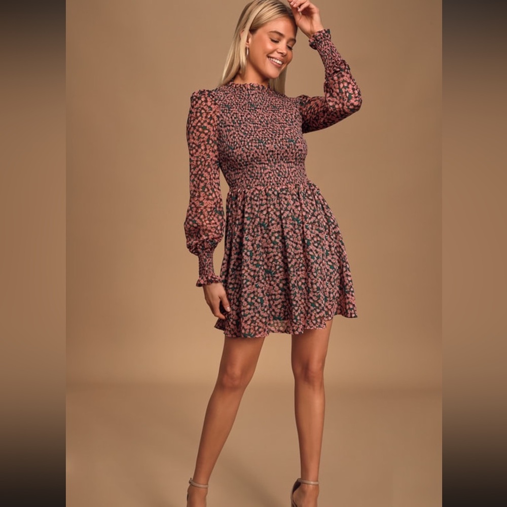 Lulus Floral Forever Green and Pink Print Smocked Skater Dress NWOT